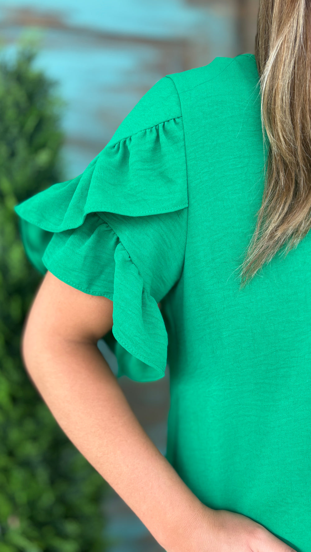 Bridget Ruffle Blouse-Short Sleeves-GeeGee-Evergreen Boutique, Women’s Fashion Boutique in Santa Claus, Indiana