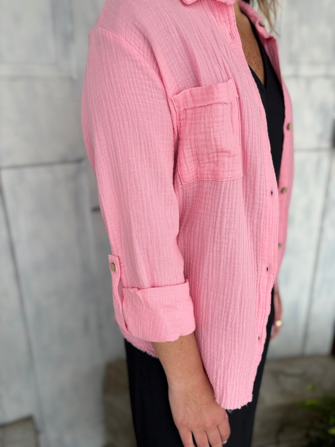 Think Pink Button Down Top-Tops-Zenana-Evergreen Boutique, Women’s Fashion Boutique in Santa Claus, Indiana