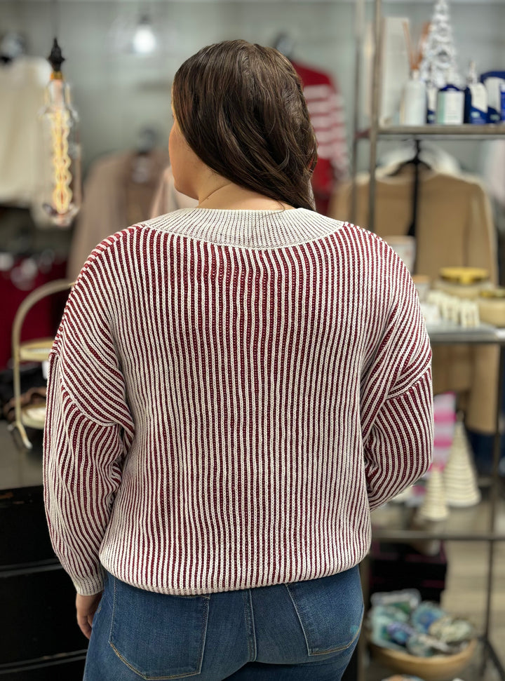 Cranberry Striped Sweater-Sweaters-Hyfve-Evergreen Boutique, Women’s Fashion Boutique in Santa Claus, Indiana