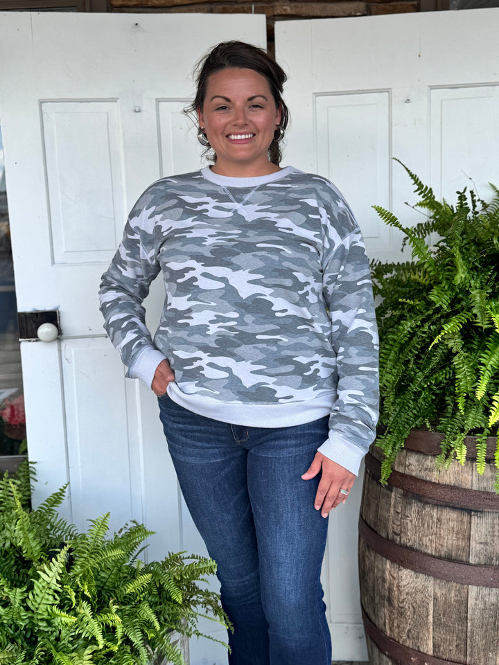 Camo French Terry Crew Neck-Tops-Timing-Evergreen Boutique, Women’s Fashion Boutique in Santa Claus, Indiana