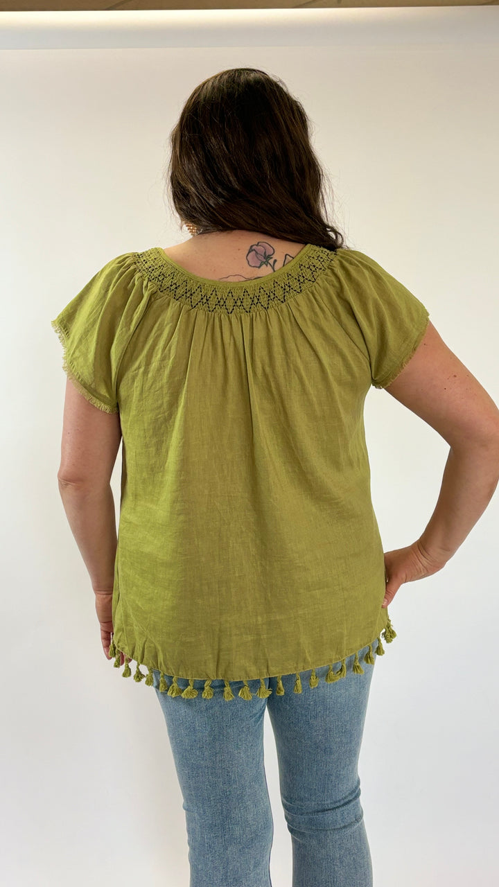 East Fork Tassel Top-Short Sleeves-Easel-Evergreen Boutique, Women’s Fashion Boutique in Santa Claus, Indiana