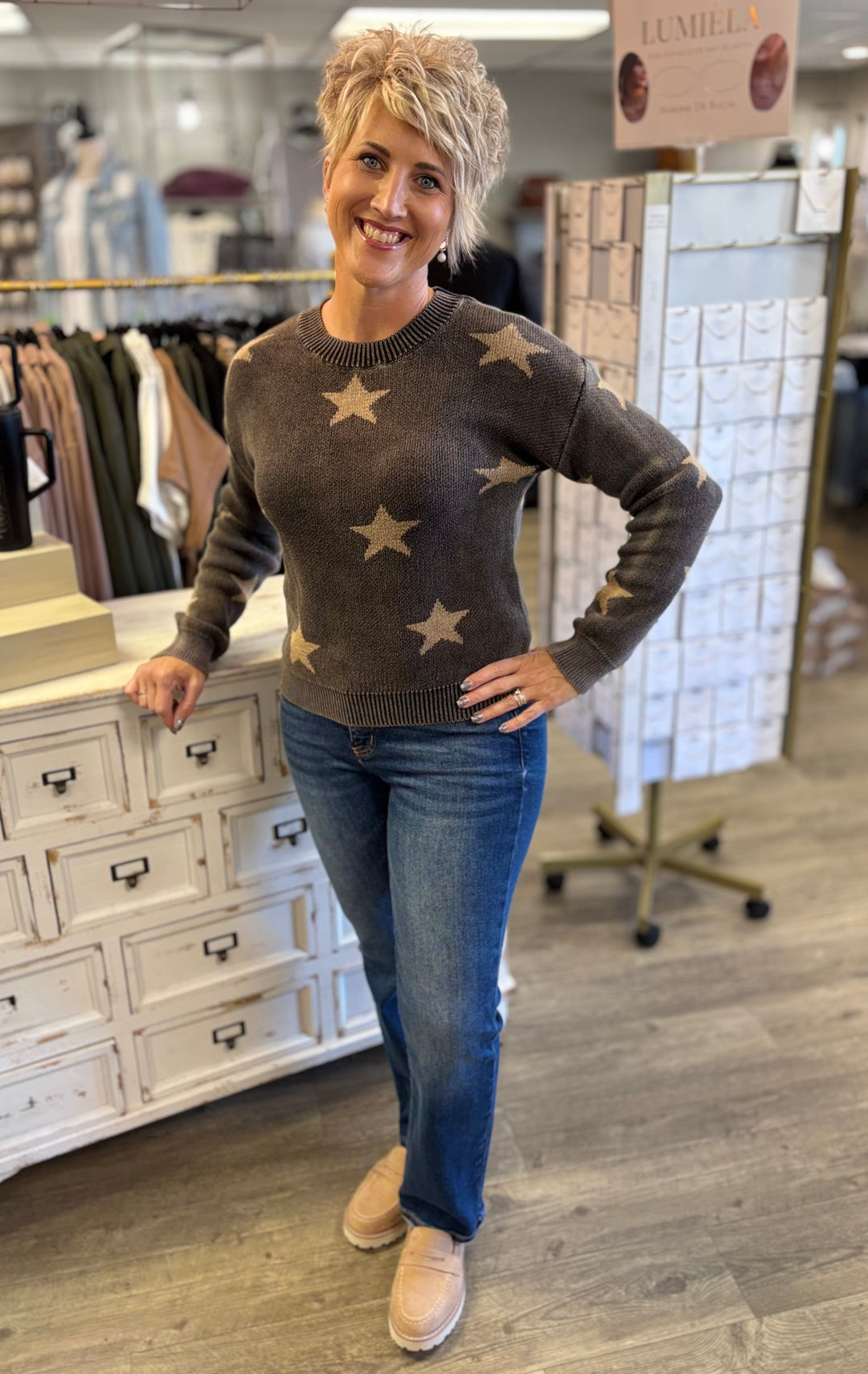 Vintage Washed Star Sweater-Tops-So Me-Evergreen Boutique, Women’s Fashion Boutique in Santa Claus, Indiana