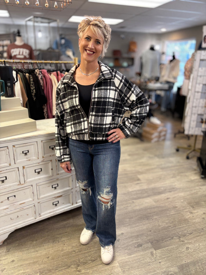 Plaid Mode Zip-Up Jacket-Tops-HYFVE-Evergreen Boutique, Women’s Fashion Boutique in Santa Claus, Indiana