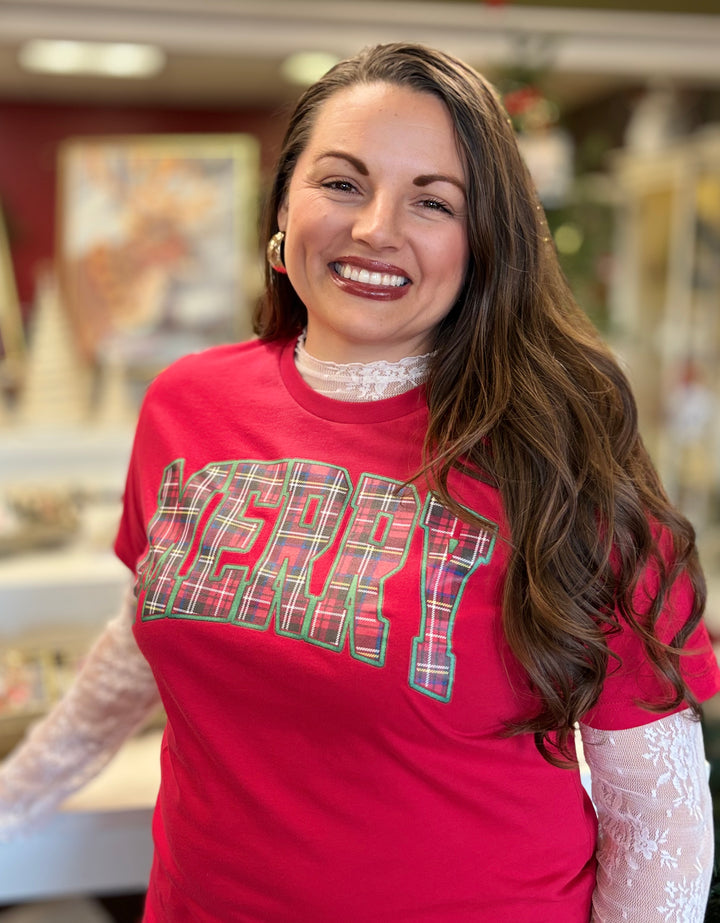Merry Plaid Graphic Tee-Graphic Tees-Fox and Owl Apparel-Evergreen Boutique, Women’s Fashion Boutique in Santa Claus, Indiana