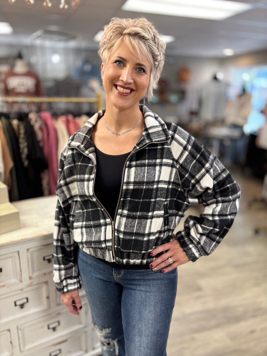 Plaid Mode Zip-Up Jacket-Tops-HYFVE-Evergreen Boutique, Women’s Fashion Boutique in Santa Claus, Indiana