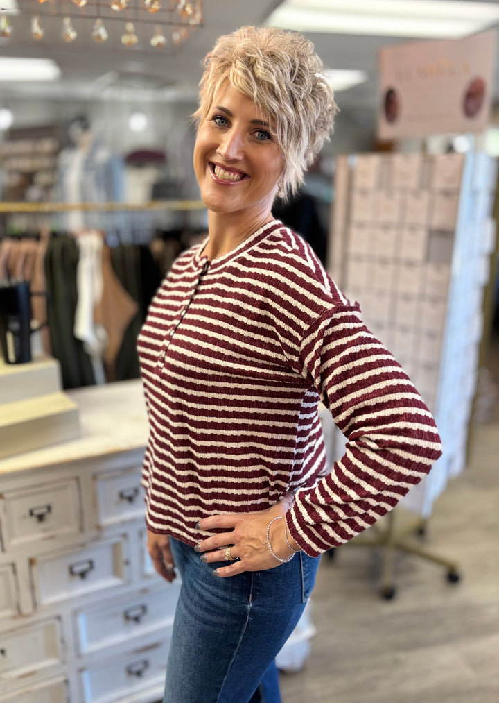 Textured Threads Henley Top-Tops-Blu Pepper-Evergreen Boutique, Women’s Fashion Boutique in Santa Claus, Indiana