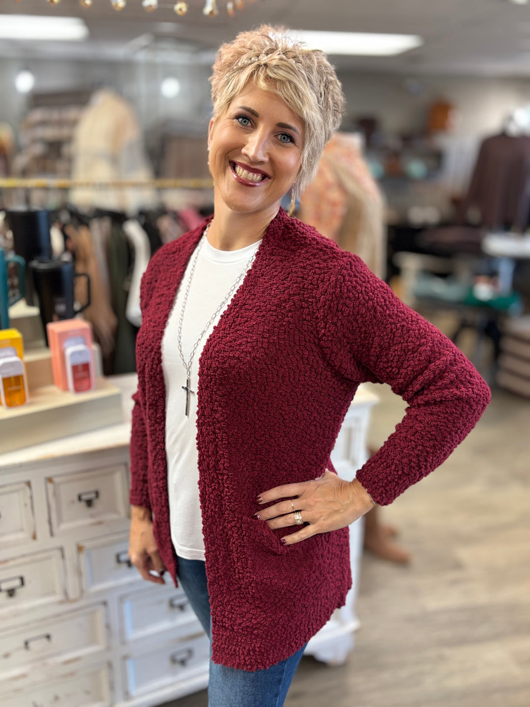 The Cleo Popcorn Sweater Cardigan-Tops-Zenana-Evergreen Boutique, Women’s Fashion Boutique in Santa Claus, Indiana