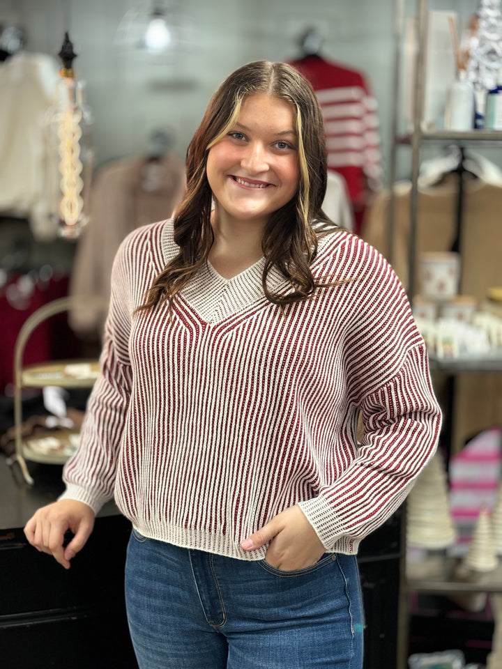 Cranberry Striped Sweater-Sweaters-Hyfve-Evergreen Boutique, Women’s Fashion Boutique in Santa Claus, Indiana