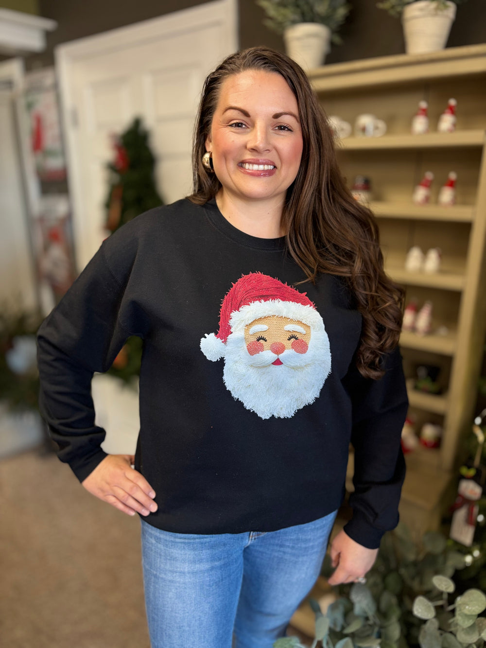 Faux Yarn Santa Graphic Crewneck-Tops-The Wild Navy Boutique-Evergreen Boutique, Women’s Fashion Boutique in Santa Claus, Indiana
