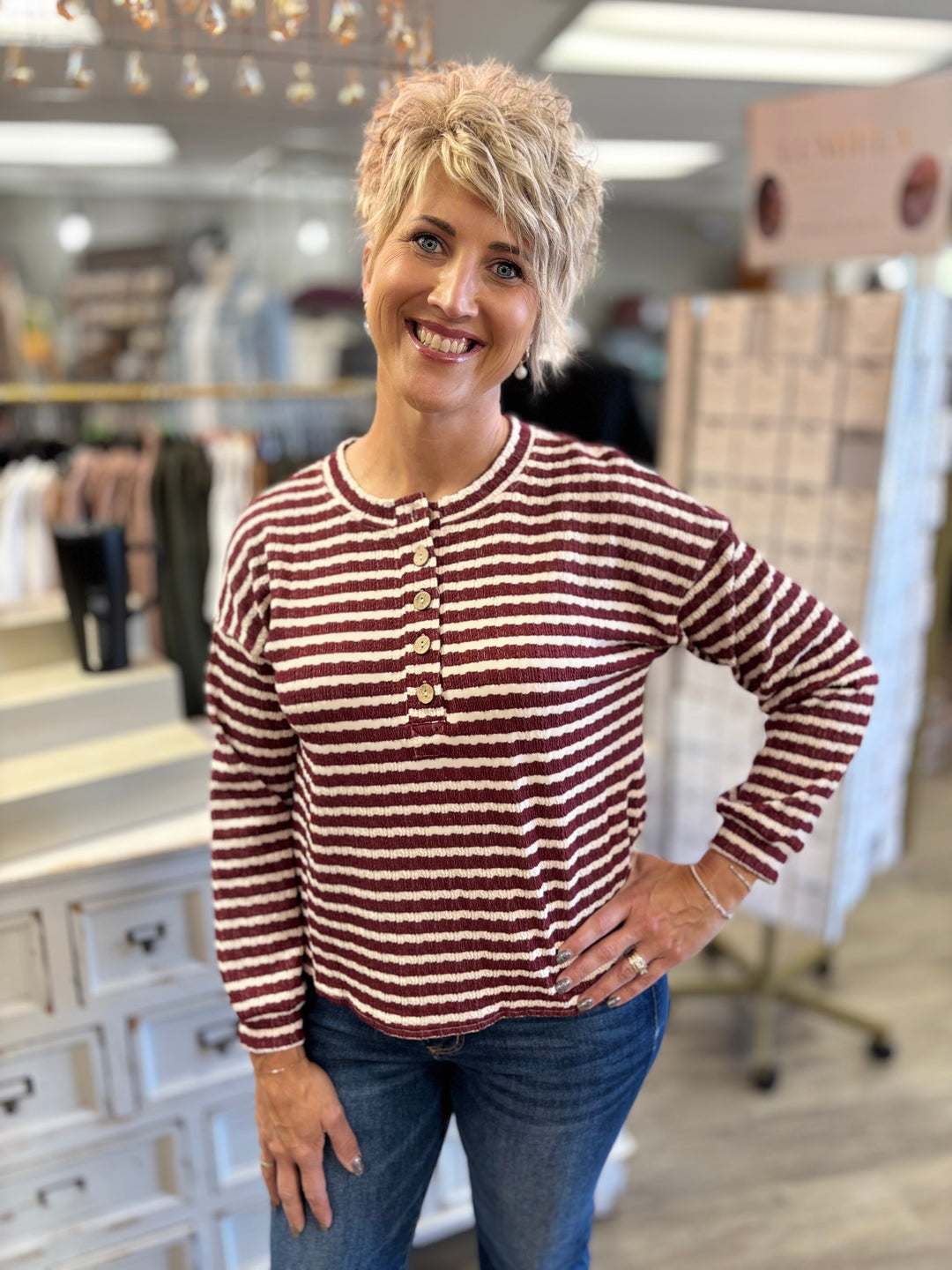 Textured Threads Henley Top-Tops-Blu Pepper-Evergreen Boutique, Women’s Fashion Boutique in Santa Claus, Indiana