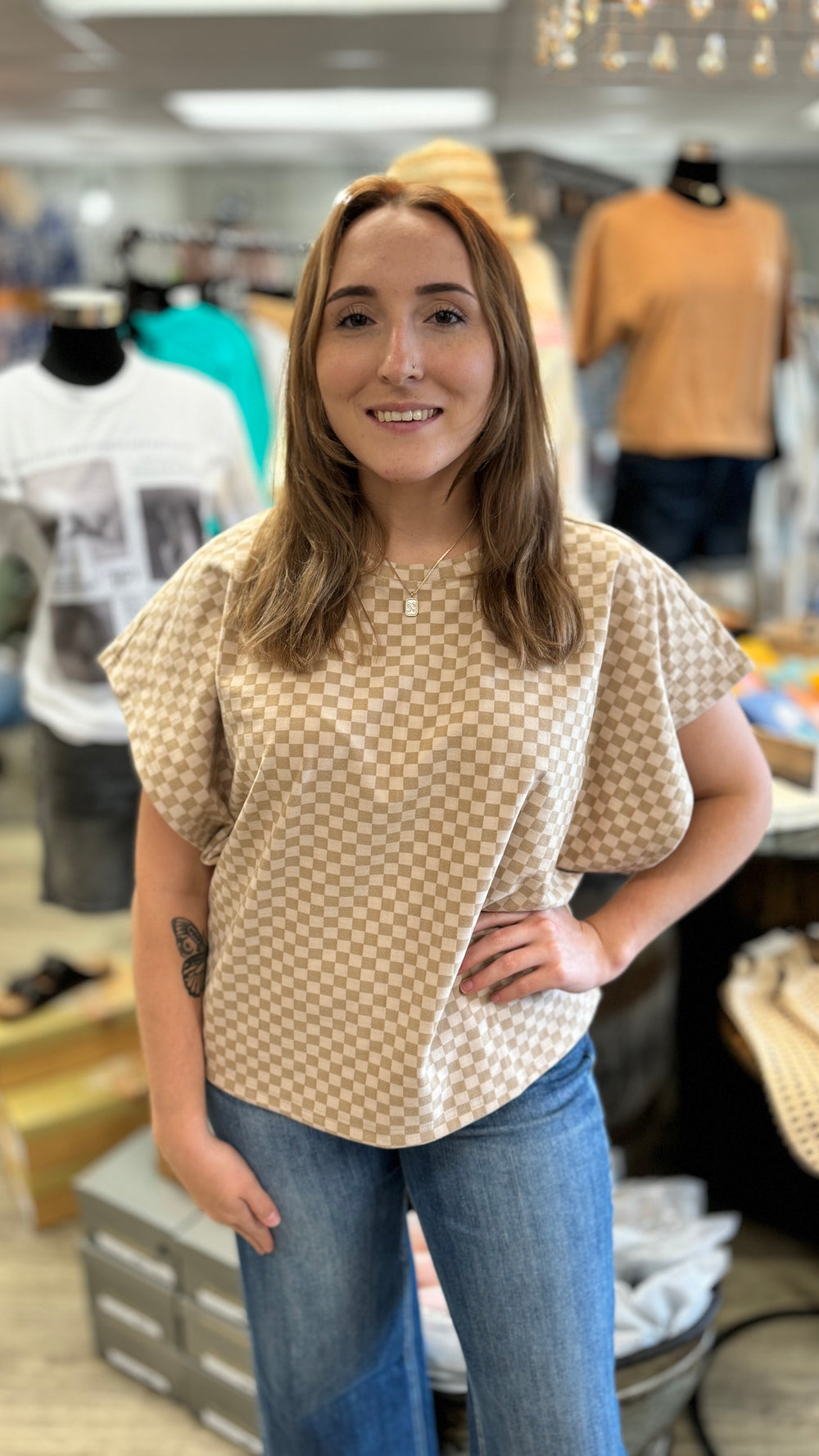 Checker Dolman Sleeve Knit-Short Sleeves-Anniewear-Evergreen Boutique, Women’s Fashion Boutique in Santa Claus, Indiana