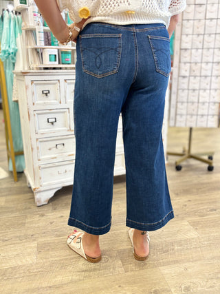 Judy Blue High Waist Tummy Control Claudia Ankle Wide Deep Indigo Denim Jeans