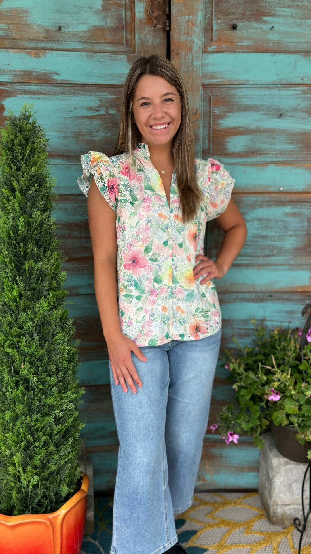 Alyssa Floral Blouse-Short Sleeves-GeeGee-Evergreen Boutique, Women’s Fashion Boutique in Santa Claus, Indiana