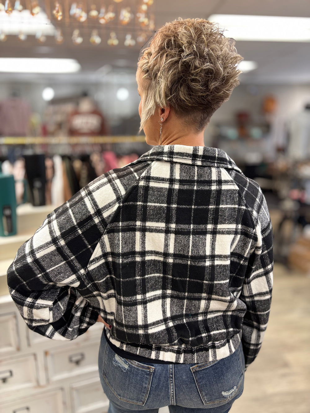 Plaid Mode Zip-Up Jacket-Tops-HYFVE-Evergreen Boutique, Women’s Fashion Boutique in Santa Claus, Indiana