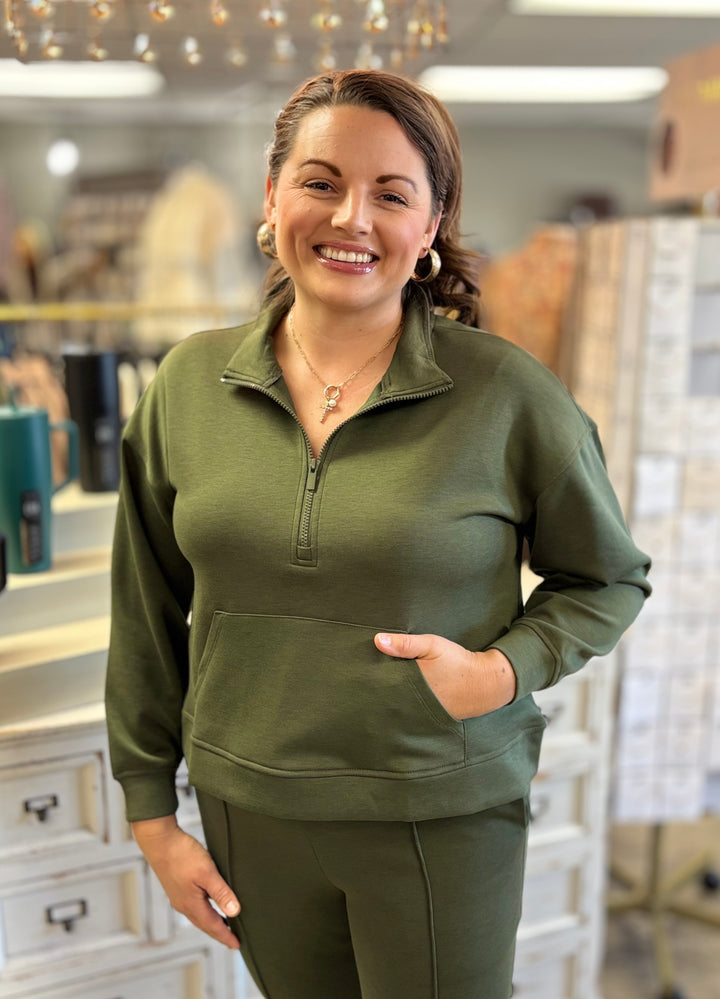 Zenana On Repeat Half Zip Scuba Pullover-Tops-Zenana-Evergreen Boutique, Women’s Fashion Boutique in Santa Claus, Indiana