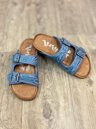 Pair of blue tooled double strap sandals
