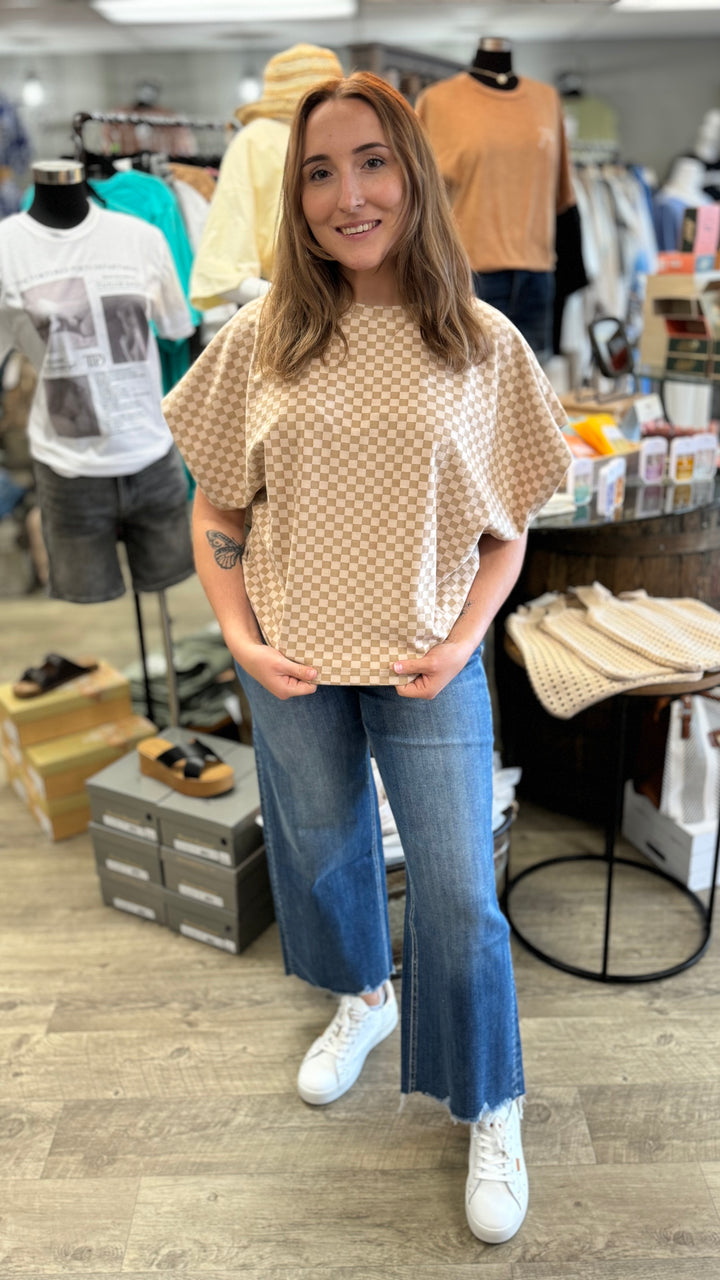 Checker Dolman Sleeve Knit-Short Sleeves-Anniewear-Evergreen Boutique, Women’s Fashion Boutique in Santa Claus, Indiana