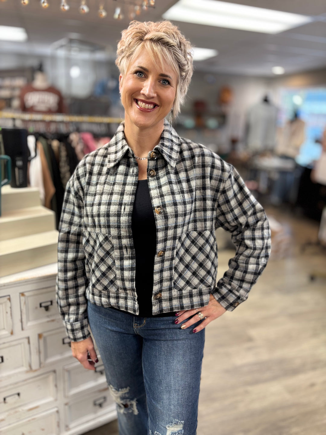 Chill Check Plaid Short Jacket-Tops-HYFVE-Evergreen Boutique, Women’s Fashion Boutique in Santa Claus, Indiana