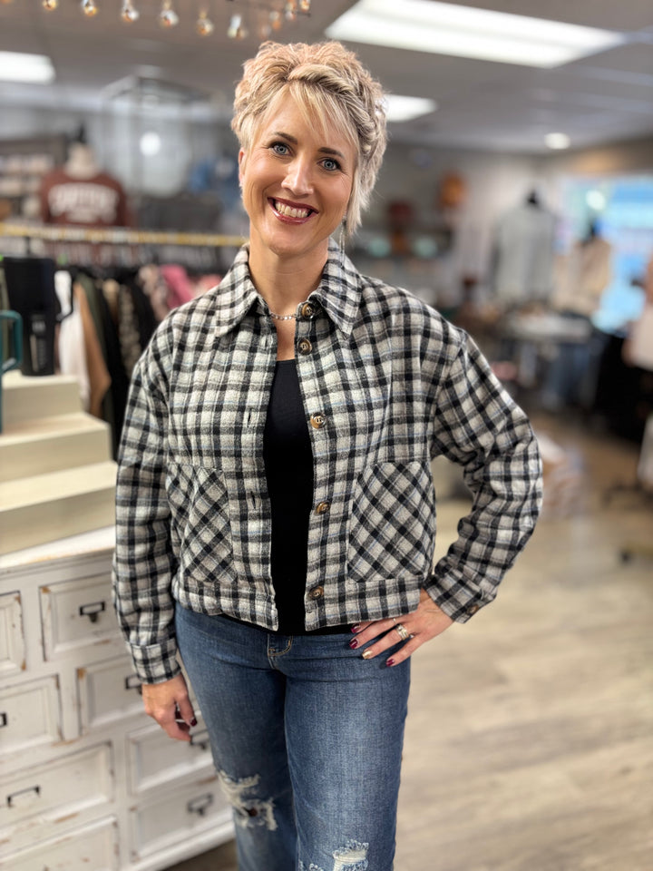 Chill Check Plaid Short Jacket-Tops-HYFVE-Evergreen Boutique, Women’s Fashion Boutique in Santa Claus, Indiana