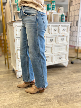 Risen High Rise Whipstitch Wide Leg Jeans