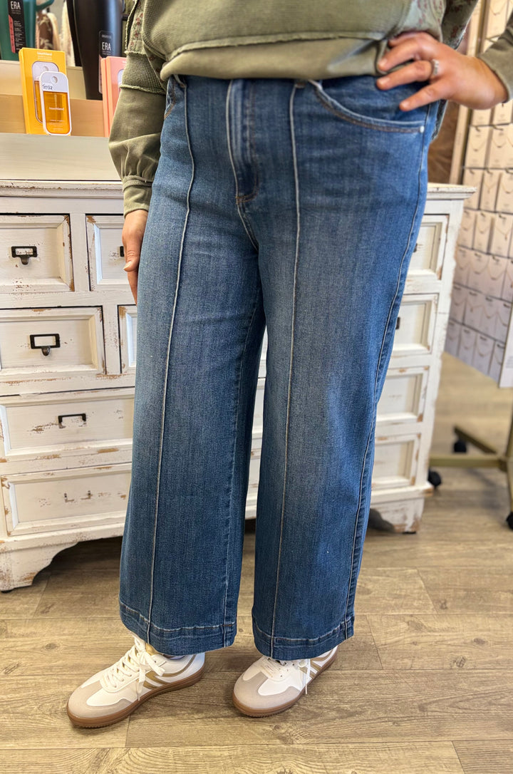 The McKenna High Rise Pin Tuck Detail Wide Leg Jean-Bottoms-Anniewear-Evergreen Boutique, Women’s Fashion Boutique in Santa Claus, Indiana