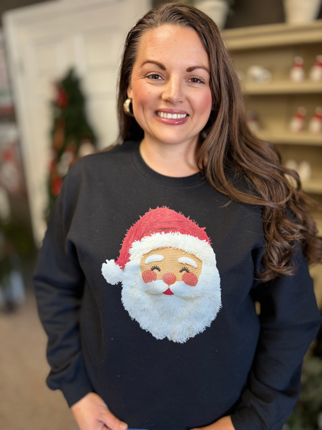 Faux Yarn Santa Graphic Crewneck-Tops-The Wild Navy Boutique-Evergreen Boutique, Women’s Fashion Boutique in Santa Claus, Indiana