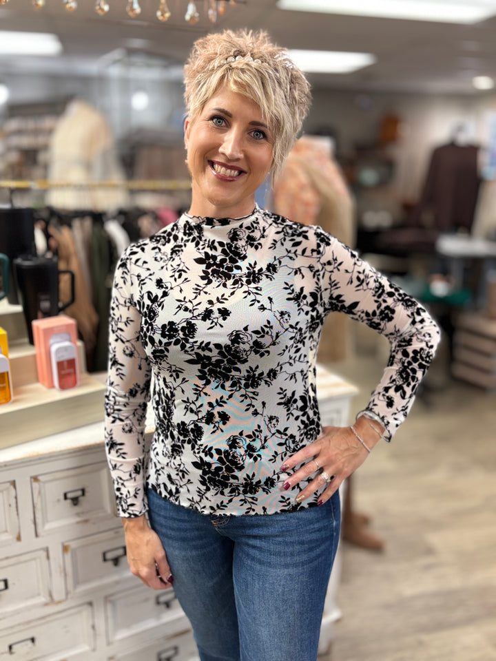 Floral Velvet Sheer Top-Tops-Zutter-Evergreen Boutique, Women’s Fashion Boutique in Santa Claus, Indiana