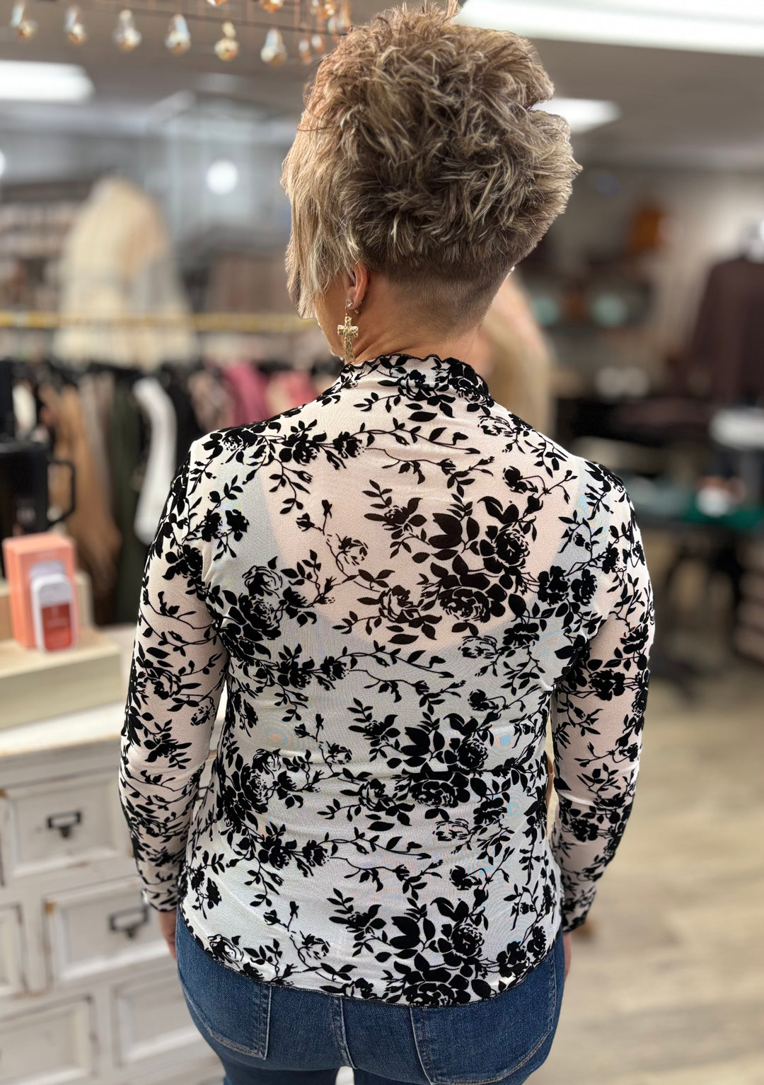 Floral Velvet Sheer Top-Tops-Zutter-Evergreen Boutique, Women’s Fashion Boutique in Santa Claus, Indiana