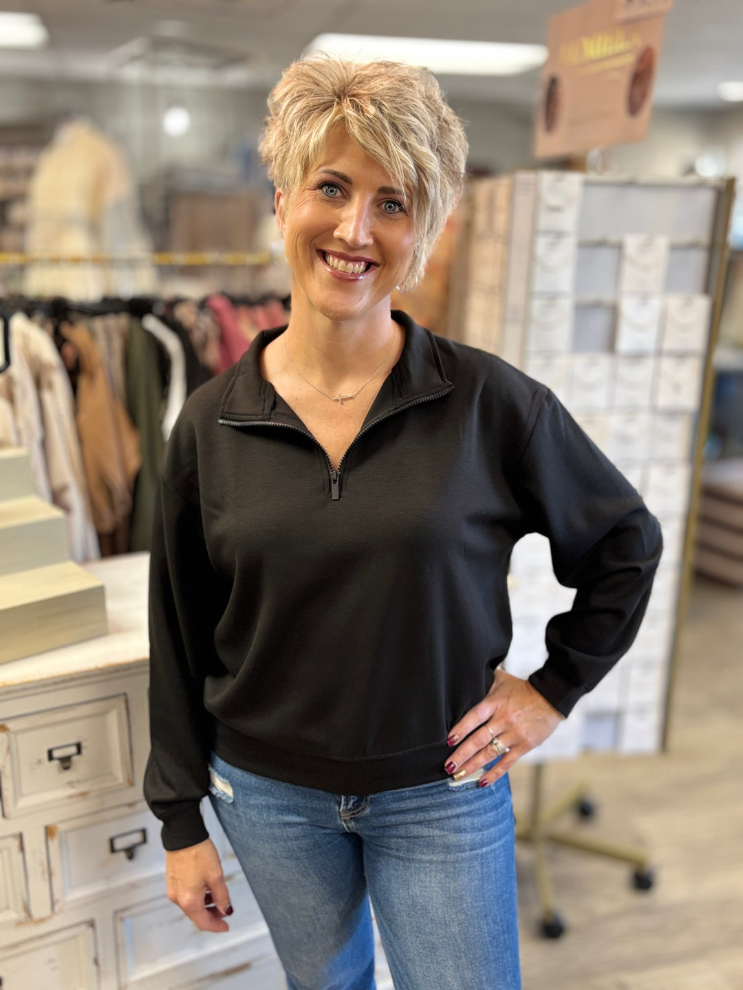 Hit Replay Half Zip Scuba Pullover by Zenana-Tops-Zenana-Evergreen Boutique, Women’s Fashion Boutique in Santa Claus, Indiana