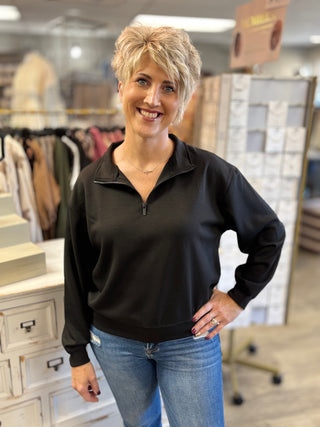 Hit Replay Half Zip Scuba Pullover by Zenana-Tops-Zenana-Evergreen Boutique, Women’s Fashion Boutique in Santa Claus, Indiana