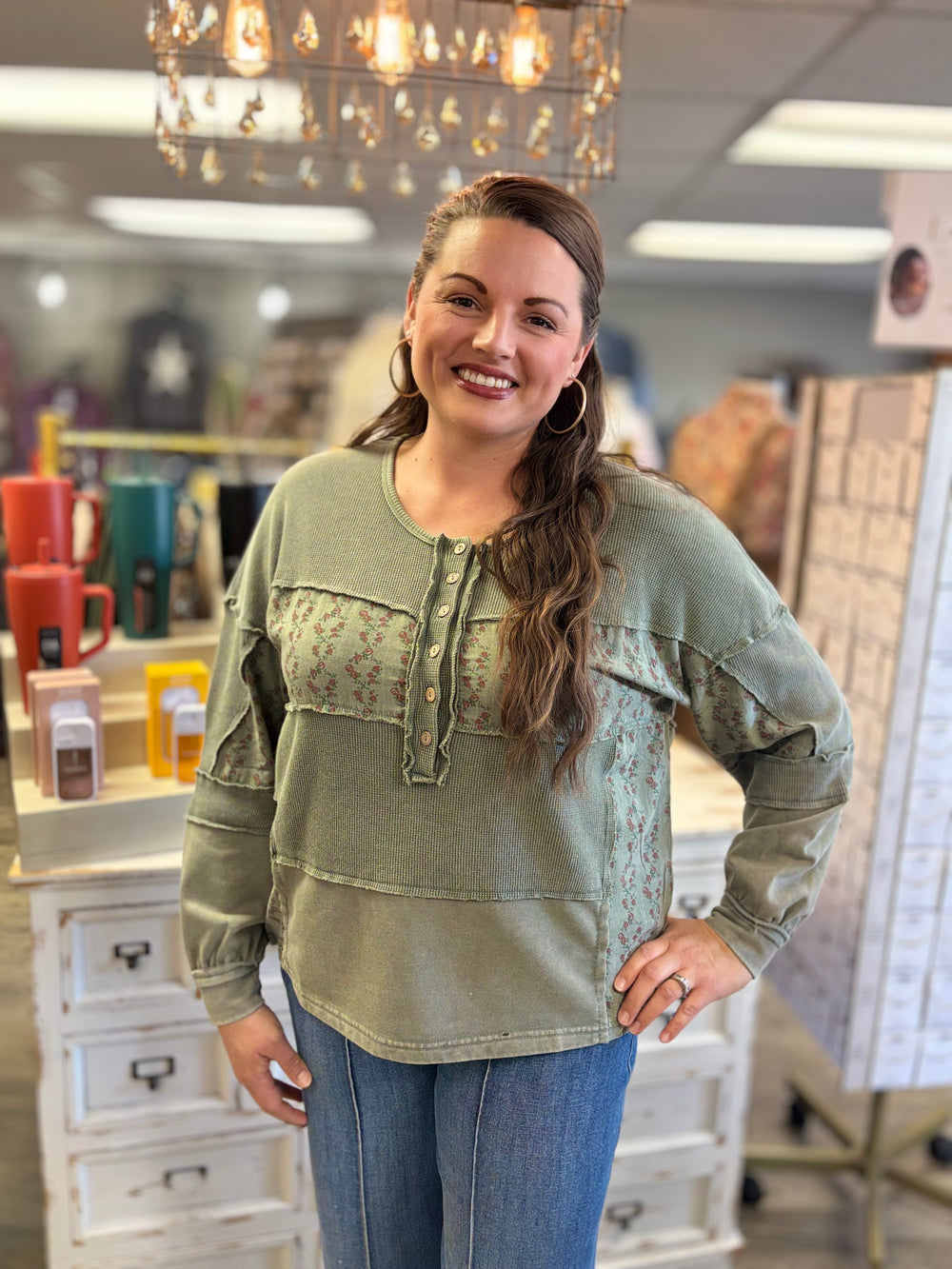 Morning Brew Thermal Mix Print Top-Tops-Easel-Evergreen Boutique, Women’s Fashion Boutique in Santa Claus, Indiana