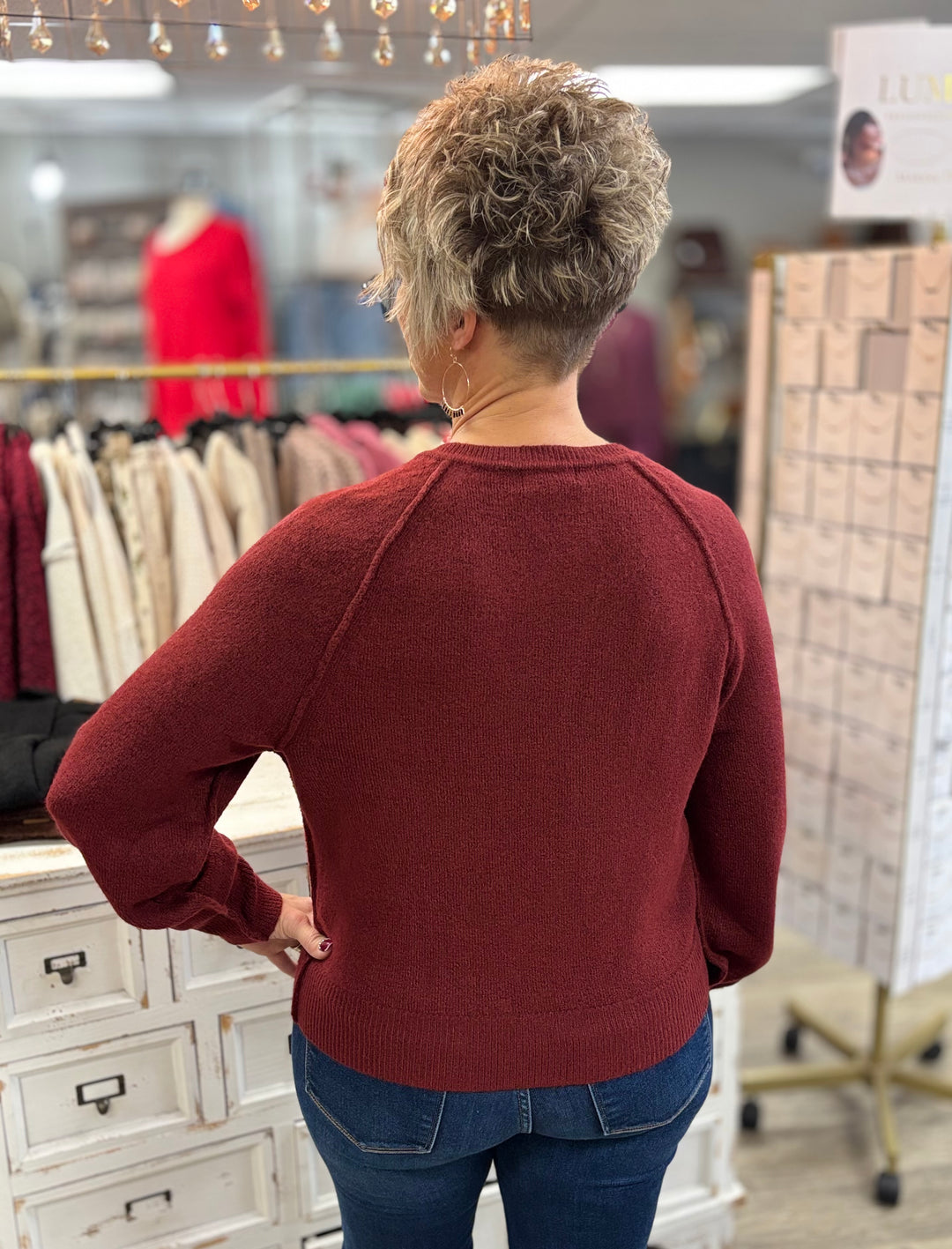 Raglan Sleeve Henley Relaxed Sweater-Tops-Blu Pepper-Evergreen Boutique, Women’s Fashion Boutique in Santa Claus, Indiana