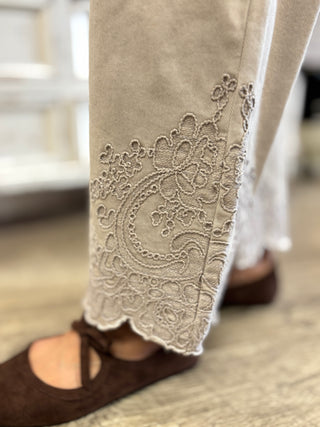RISEN Almond High Rise Crop Embroidered Barrel Jean