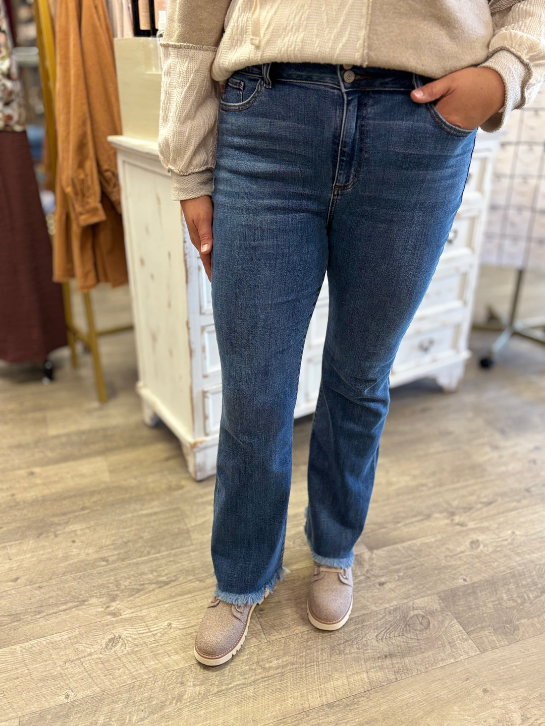 Judy Blue High Waist Double Button Fray Hem Bootcut Denim Jeans-Denim-Judy Blue-Evergreen Boutique, Women’s Fashion Boutique in Santa Claus, Indiana