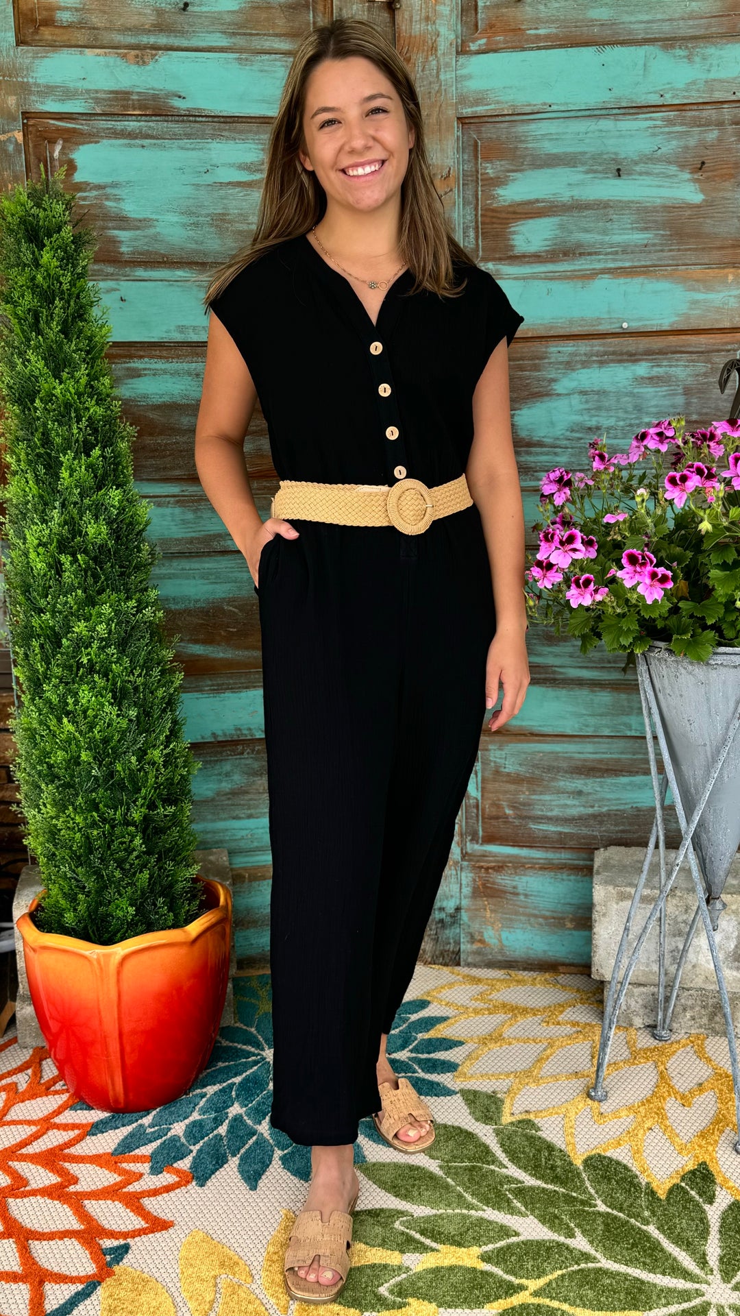 Sea and Sand Button Jumpsuit-Rompers & Jumpsuits-Anniewear-Evergreen Boutique, Women’s Fashion Boutique in Santa Claus, Indiana