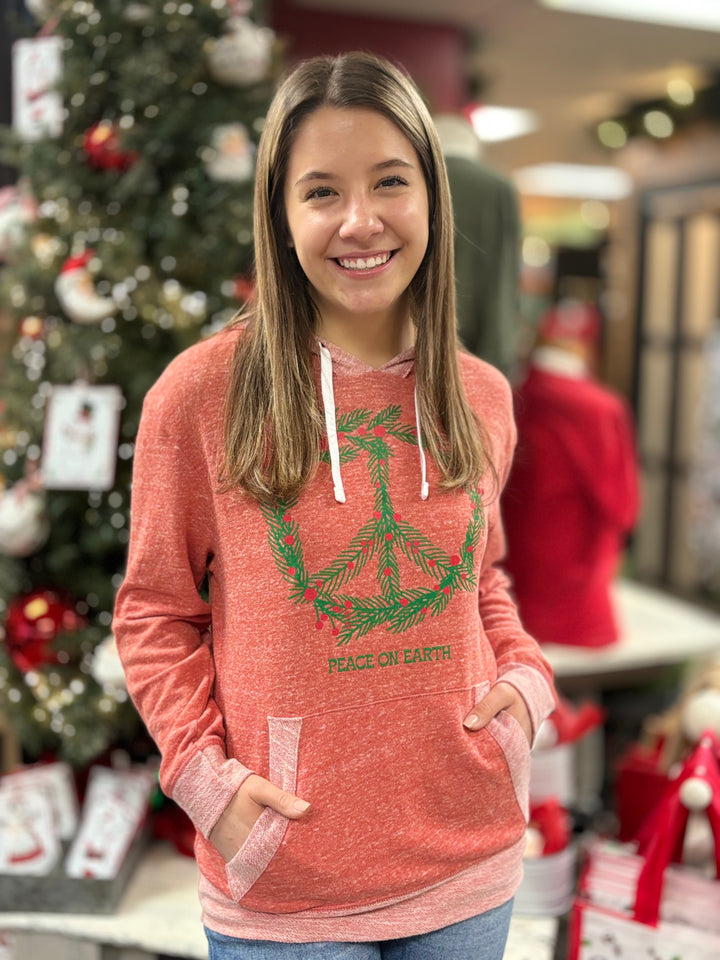 Peace on Earth Holiday Hoodie-Tops-OLIVER & OTIS-Evergreen Boutique, Women’s Fashion Boutique in Santa Claus, Indiana