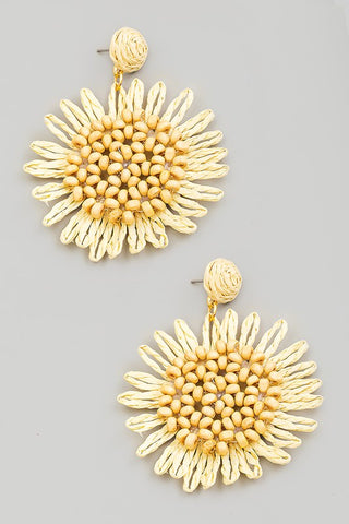 Beaded Raffia Flower Drop Earrings-Earrings-Fame Accessories-Evergreen Boutique, Women’s Fashion Boutique in Santa Claus, Indiana