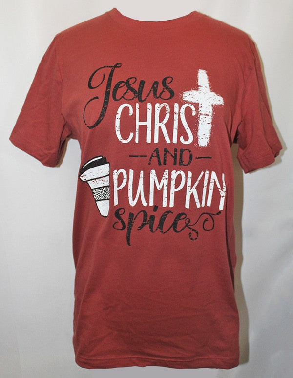 Jesus Christ & Pumpkin Spice Tee-Graphic Tees-Plain Apparel Tees-Evergreen Boutique, Women’s Fashion Boutique in Santa Claus, Indiana