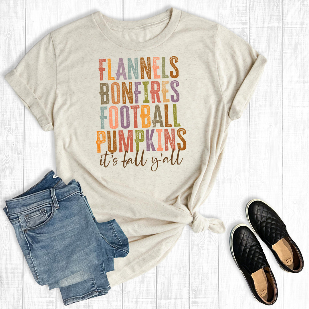 Flannels, Bonfires, Football, and Pumpkins Tee-Graphic Tees-The Way Down South-Evergreen Boutique, Women’s Fashion Boutique in Santa Claus, Indiana