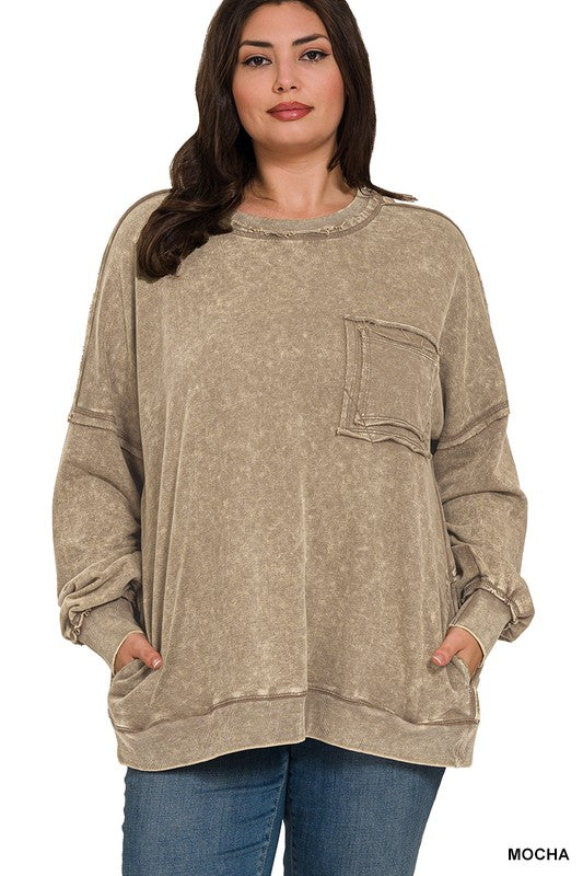 Bella Acid Wash Pullover-Long Sleeves-Zenana-Evergreen Boutique, Women’s Fashion Boutique in Santa Claus, Indiana