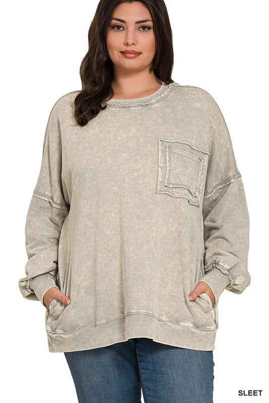 Bella Acid Wash Pullover-Long Sleeves-Zenana-Evergreen Boutique, Women’s Fashion Boutique in Santa Claus, Indiana