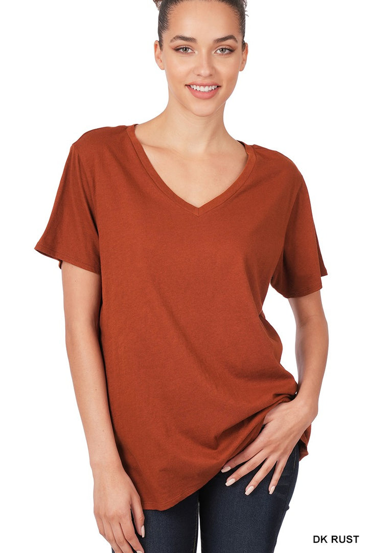 Scarlett V-Neck Top-Short Sleeves-Zenana-Evergreen Boutique, Women’s Fashion Boutique in Santa Claus, Indiana