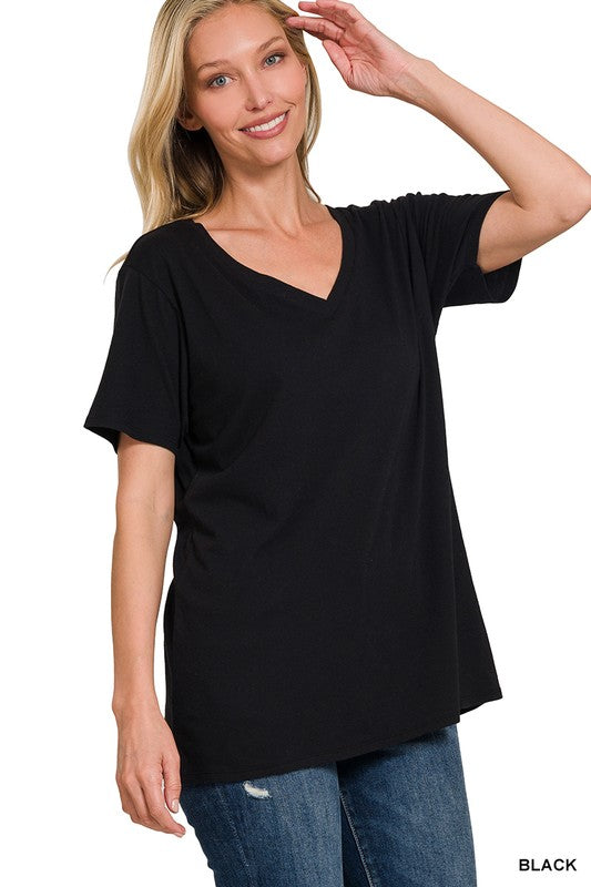 Scarlett V-Neck Top-Short Sleeves-Zenana-Evergreen Boutique, Women’s Fashion Boutique in Santa Claus, Indiana