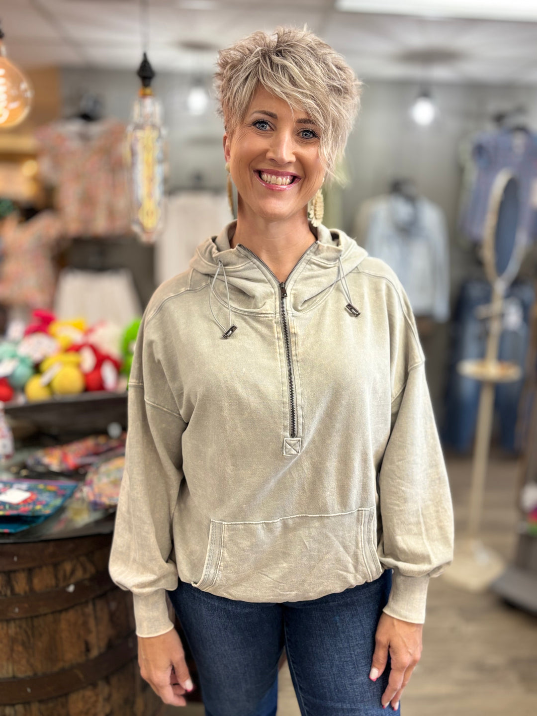 Cinch You Asked Half Zip Hooded Pullover-Tops-Zenana-Evergreen Boutique, Women’s Fashion Boutique in Santa Claus, Indiana