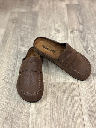 A pair of espresso brown slip in mule shoes