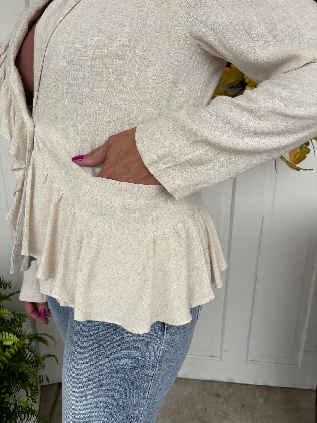 The Lila Ruffle Button Up Blazer-Jackets-NoaBoa-Evergreen Boutique, Women’s Fashion Boutique in Santa Claus, Indiana