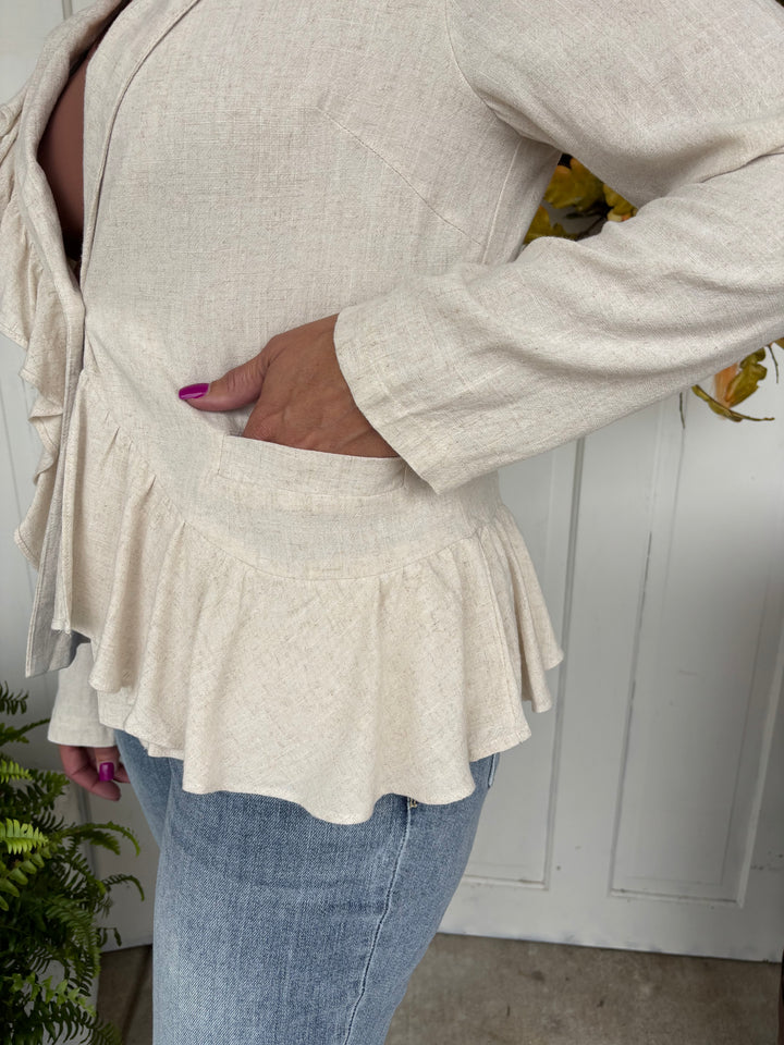 The Lila Ruffle Button Up Blazer-Jackets-NoaBoa-Evergreen Boutique, Women’s Fashion Boutique in Santa Claus, Indiana