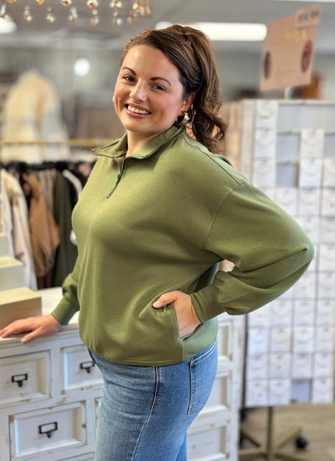 Zenana Easy Does It Half Zip Scuba Pullover-Tops-zENANA-Evergreen Boutique, Women’s Fashion Boutique in Santa Claus, Indiana