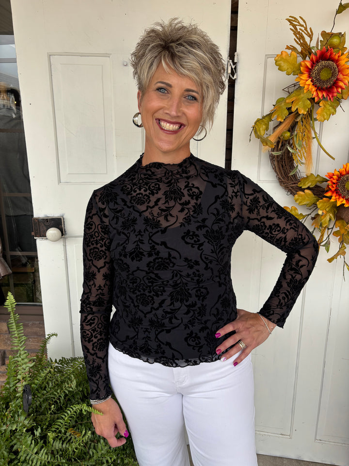 Floral Velvet Sheer Top-Tops-Zutter-Evergreen Boutique, Women’s Fashion Boutique in Santa Claus, Indiana