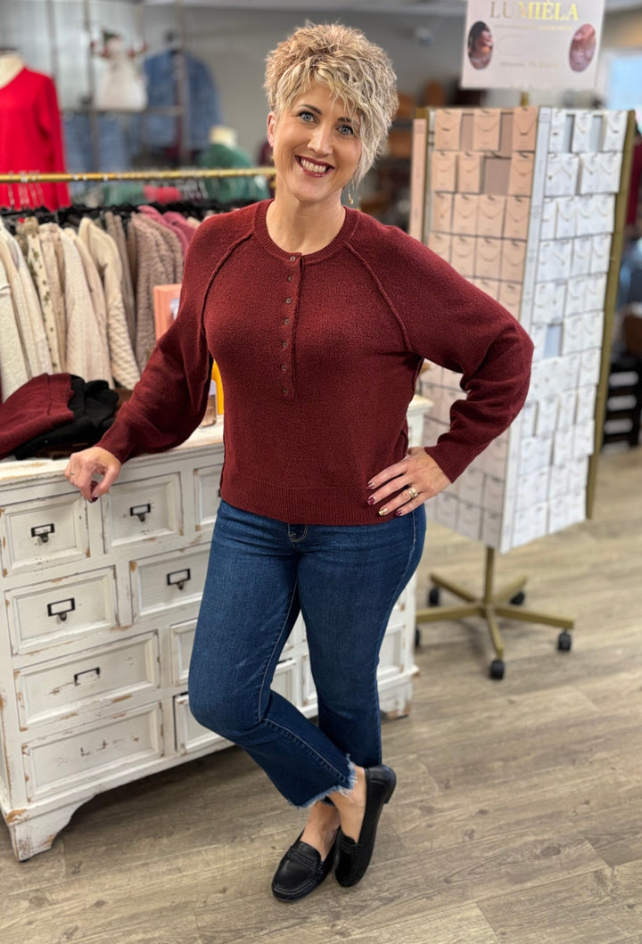 Raglan Sleeve Henley Relaxed Sweater-Tops-Blu Pepper-Evergreen Boutique, Women’s Fashion Boutique in Santa Claus, Indiana